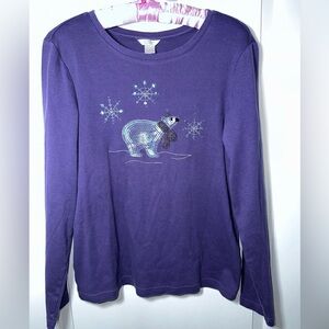 Christopher & Banks Purple Polar Bear Beaded Winter Top Medium Christmas